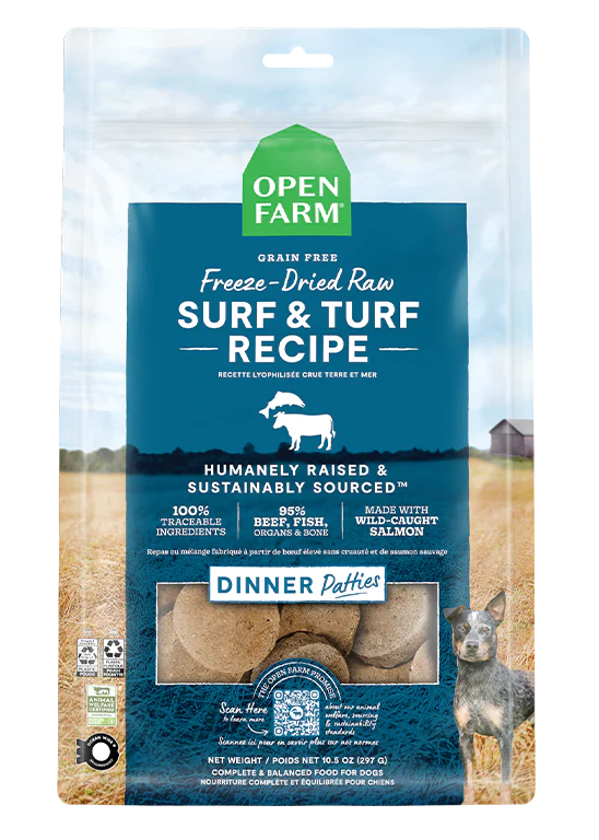 Open Farm Surf & Turf Freeze Dried Raw Dog Food Patties, highlighting premium grass-fed beef and wild-caught salmon for optimal dog nutrition.