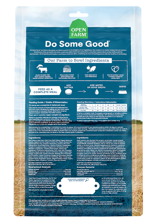 Detailed label of Open Farm Surf & Turf Freeze Dried Raw Dog Food Patties, showing high-quality ingredients for natural health benefits.