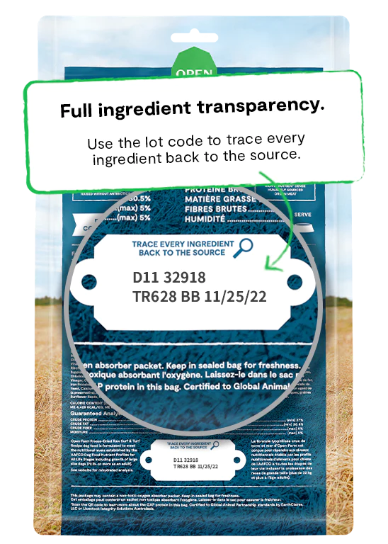 Complete ingredient list for Open Farm Surf & Turf, ensuring quality sourcing and nutrition transparency.