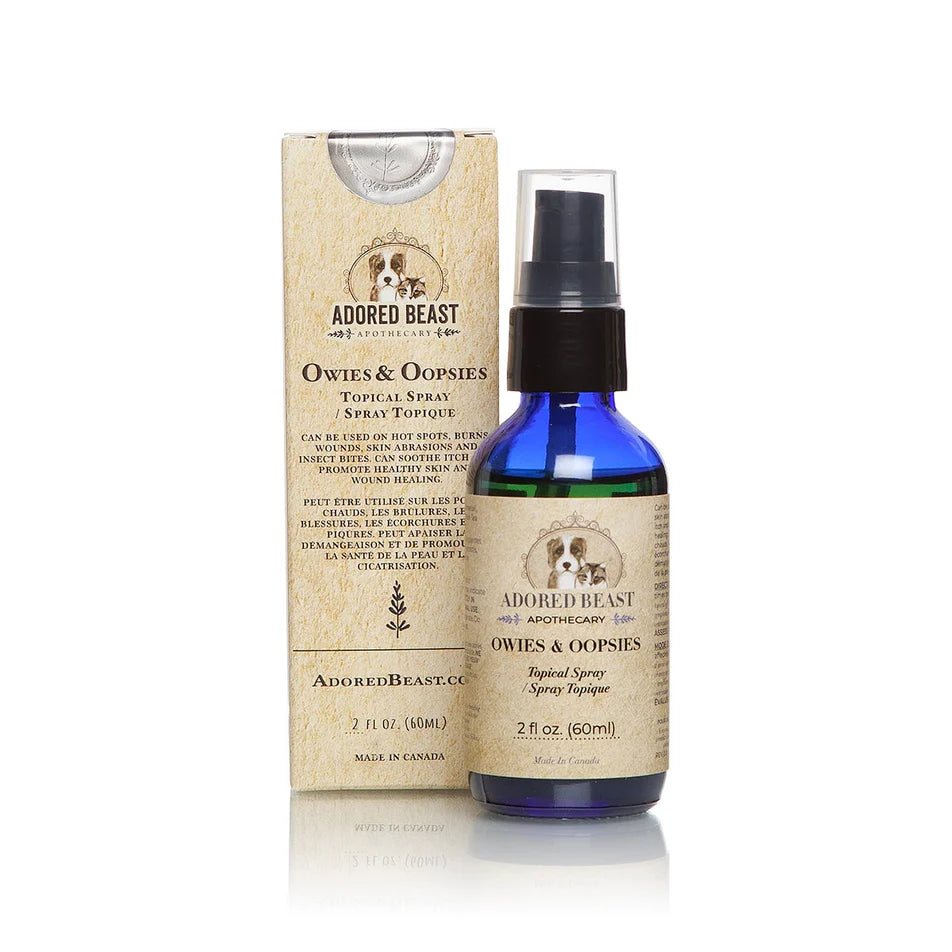 Adored Beast Oopsies & Owies: Product bottle with label, offering soothing relief for pet skin irritations.
