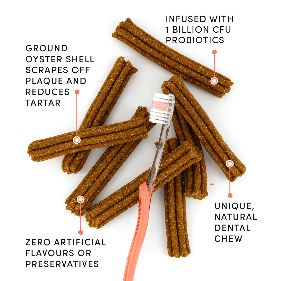 A zoomed-in image of the dental sticks, showing the flower ridge design that scrubs away plaque and tartar while being easy to chew.