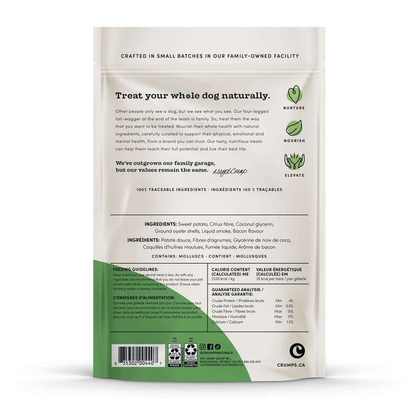 Detailed ingredients and nutritional info showcasing oyster shells for plaque removal, flexible texture for safe chewing, and natural ingredients.