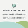 A visual emphasizing that these treats are crafted in small batches, by a family-owned, female-led company using 100% traceable ingredients.