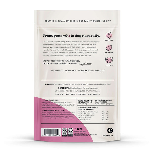 A detailed image of the back packaging, showing the clean ingredient list, feeding guidelines, and guaranteed analysis for dental health benefits.