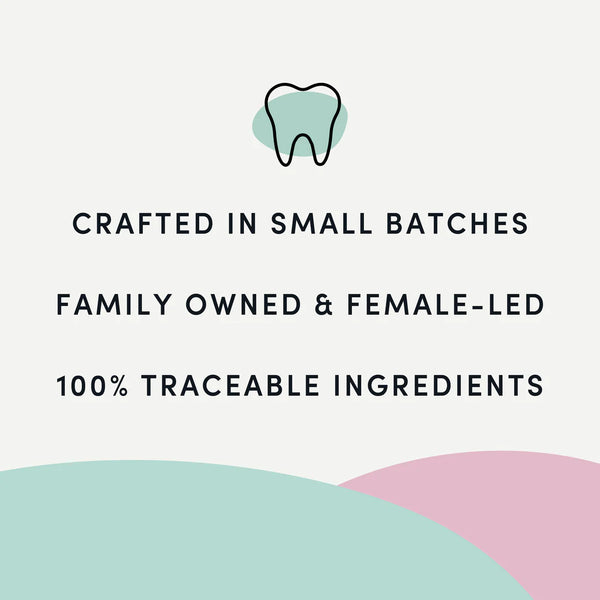 A visual showcasing that these dental sticks are crafted in small batches by a family-owned, female-led company using 100% traceable ingredients.