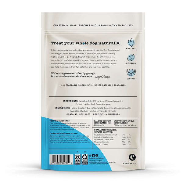 The ingredients and guaranteed analysis displayed, highlighting the finely-ground oyster shells for tartar removal and natural formulation without artificial additives.