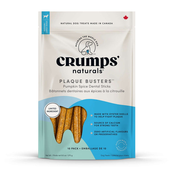 A clear image of Crumps - Plaque Busters - Pumpkin Spice Dental Sticks packaging, showcasing the natural pumpkin flavour, plaque-removing benefits, and flexible chew design.