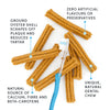 A detailed view of the floral-shaped dental sticks, emphasizing their safe, flexible texture that fits around teeth for better oral cleaning.