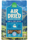 Front view of Open Farm Air-Dried Surf & Turf Dog Food bag, showcasing the premium ingredients and air-dried process that preserves flavour and nutrition.