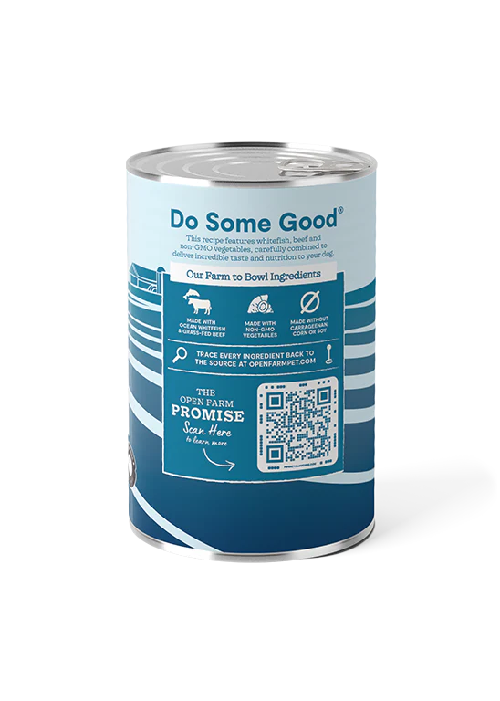 An image showing the back of the Open Farm Surf & Turf Pâté can, detailing the nutritional information, ingredient list, and feeding guidelines.
