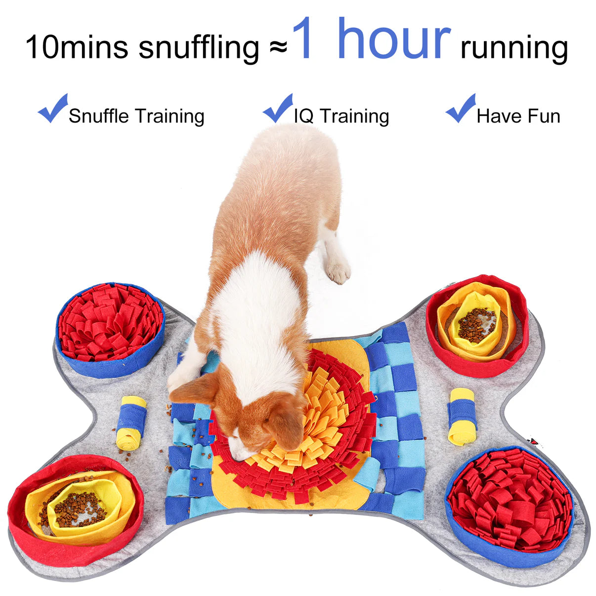 Infographic showcasing how 15 minutes of interactive sniffing on the Pawz N Dogz Challenger Bone Snuffle Mat equals one hour of walking, providing mental exercise and reducing boredom.