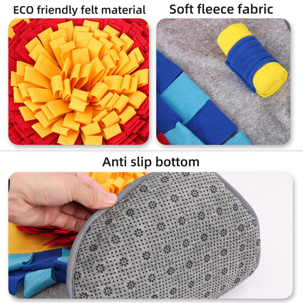 Detailed close-up highlighting the four puzzle types, fleece rolls, slow feeder bowls, and anti-slip bottom of the Pawz N Dogz Challenger Bone Snuffle Mat for advanced dog enrichment.