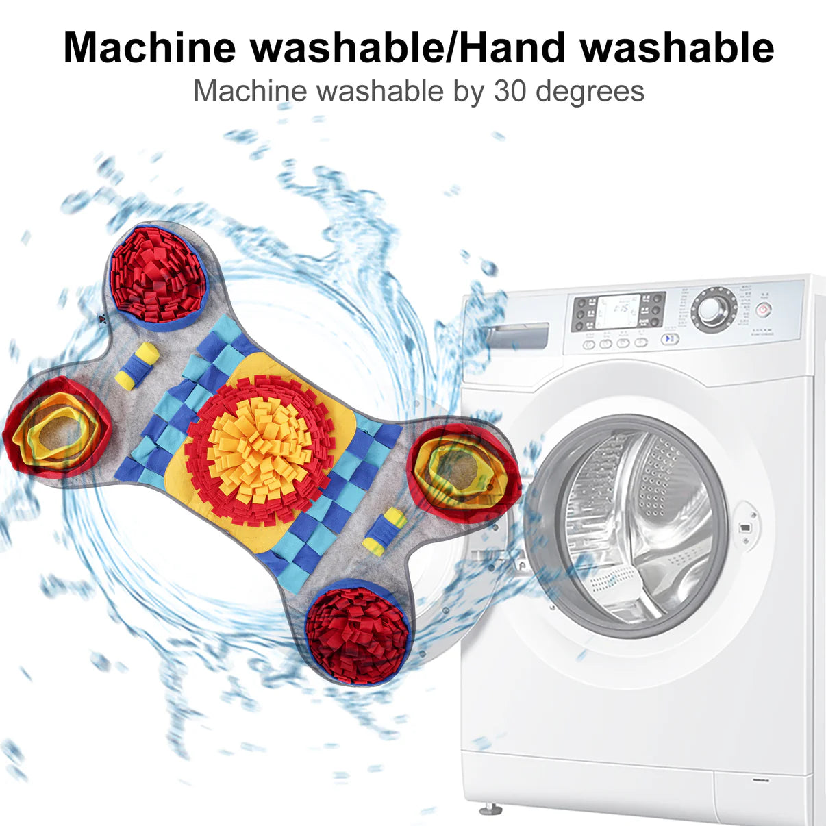 Image displaying the Pawz N Dogz Challenger Bone Snuffle Mat being gently machine or hand washed, emphasizing easy cleaning and durability for long-lasting enrichment fun.