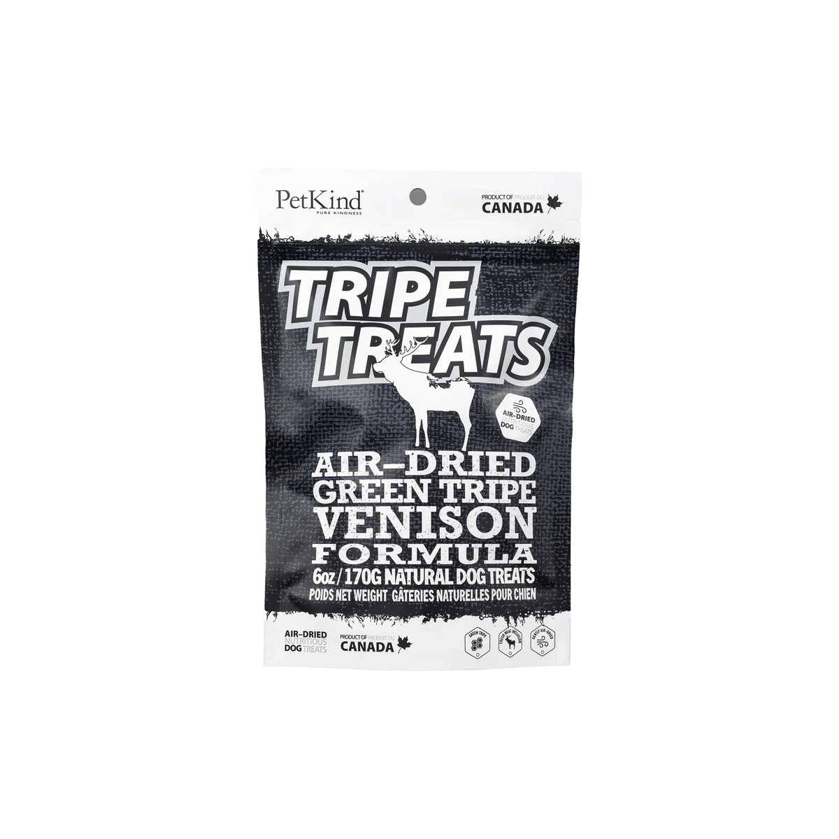 Front of PetKind Venison Tripe Treats bag, showcasing venison protein for sensitive dogs.