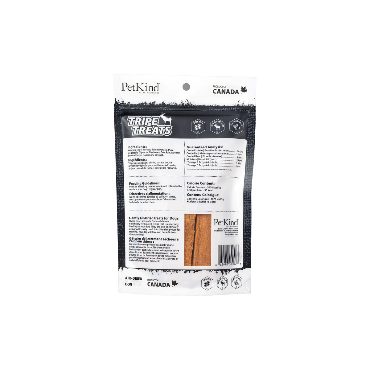Back of PetKind Venison Tripe Treats bag detailing ingredients and health benefits for dogs.