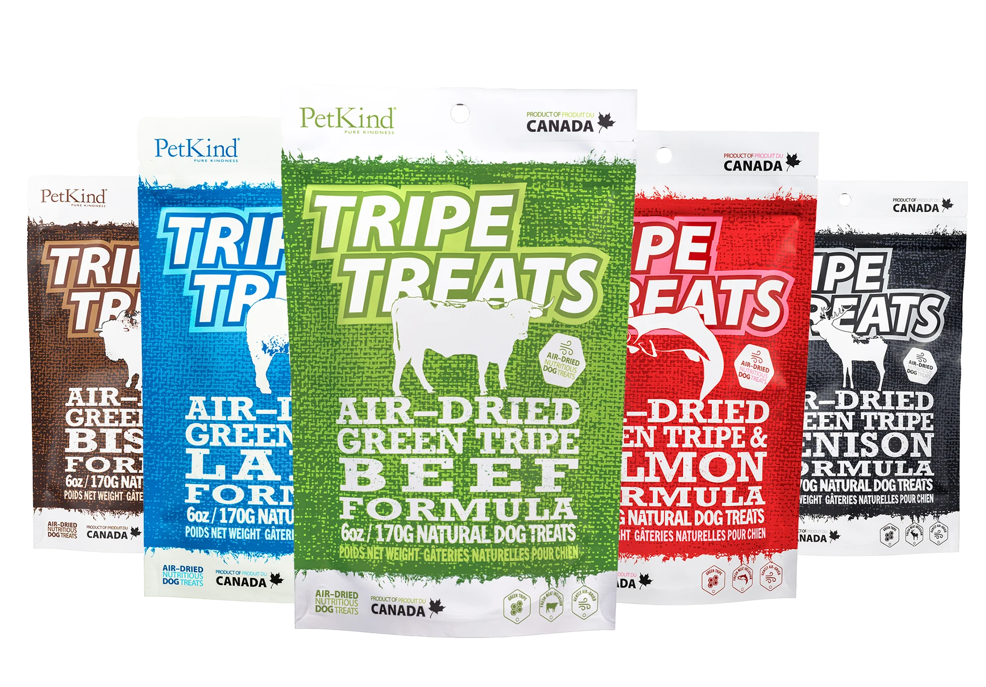 Image all Pet Kind Tripe Dog Treats showing all the flavours available. Bison, Lamb, Beef, Salmon, Venision are the different versions of these tasty treats are perfect for dogs with sensitive stomachs, offering essential nutrients to support digestion and enhance skin and coat health.