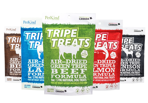Image all Pet Kind Tripe Dog Treats showing all the flavours available. Bison, Lamb, Beef, Salmon, Venision are the different versions of these tasty treats are perfect for dogs with sensitive stomachs, offering essential nutrients to support digestion and enhance skin and coat health.
