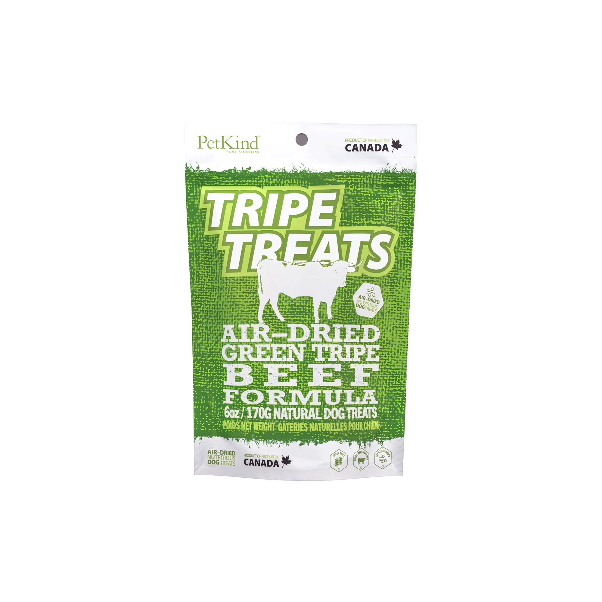 Front view of PetKind Beef Tripe Treats bag, highlighting green tripe benefits for dogs.