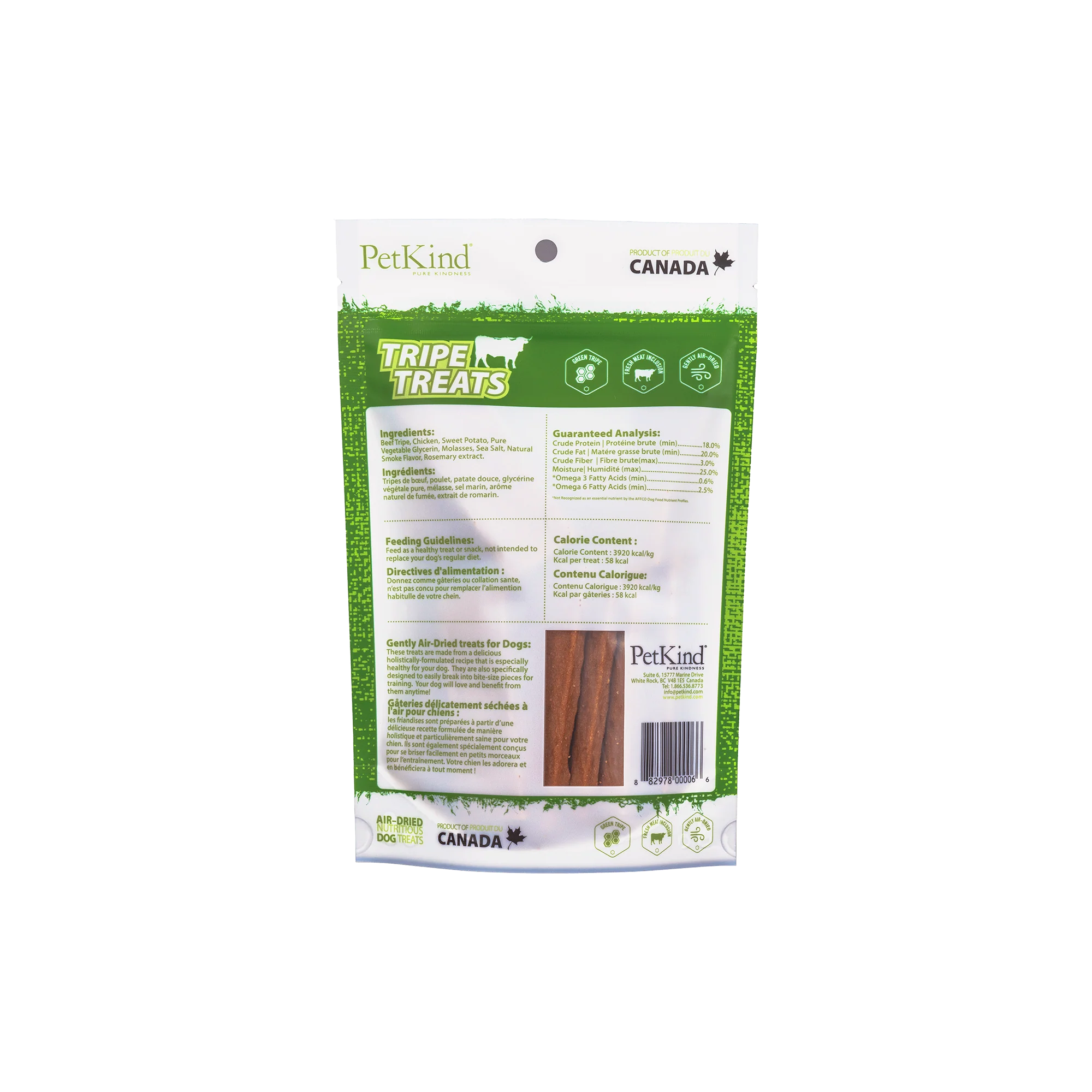 Back view of PetKind Beef Tripe Treats bag with ingredient list and health benefits for pets.