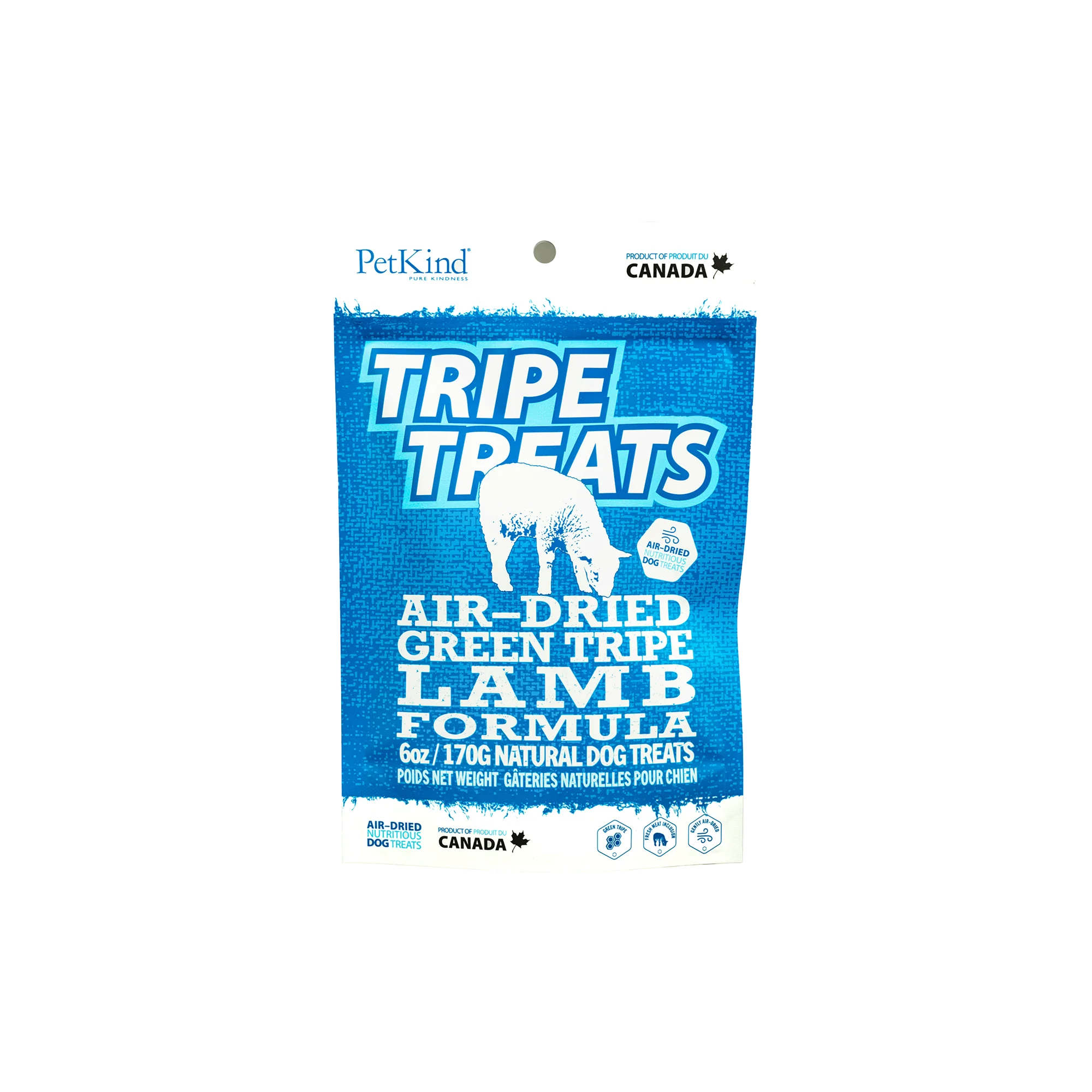 Front view of PetKind Lamb Tripe Treats bag with green tripe benefits for dogs' skin and teeth.