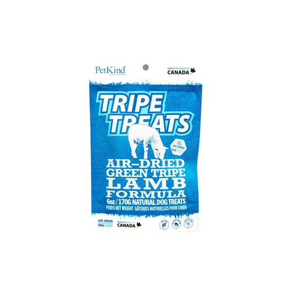 Front view of PetKind Lamb Tripe Treats bag with green tripe benefits for dogs' skin and teeth.