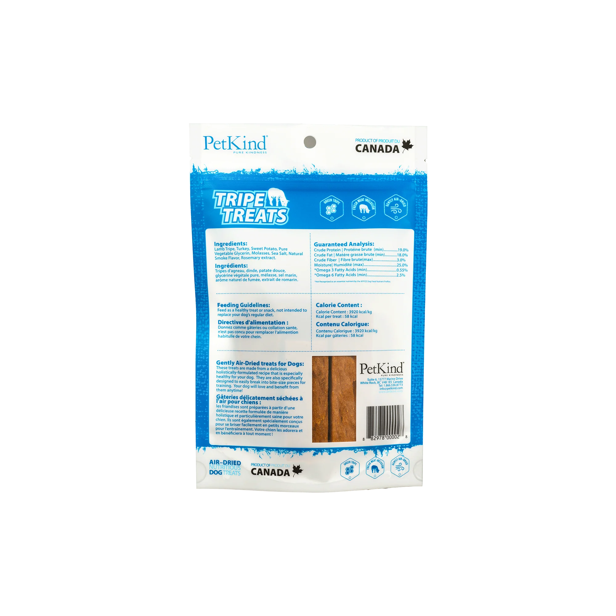 Back of PetKind Lamb Tripe Treats bag showcasing nutritional info and ingredients for dog health.
