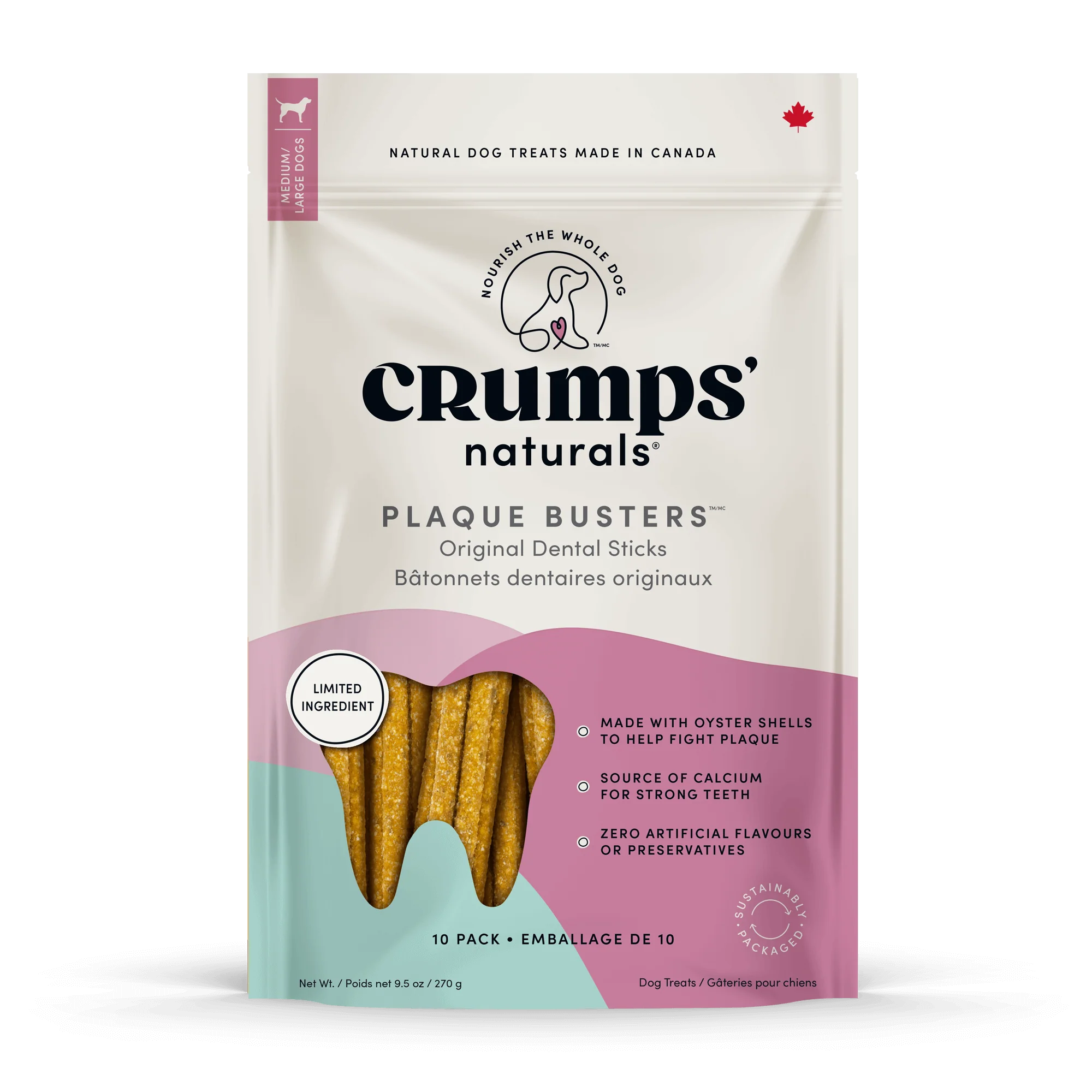 A clear image of Crumps - Plaque Busters Original Dental Sticks packaging, highlighting the natural ingredients, plaque-fighting benefits, and grain-free formula.