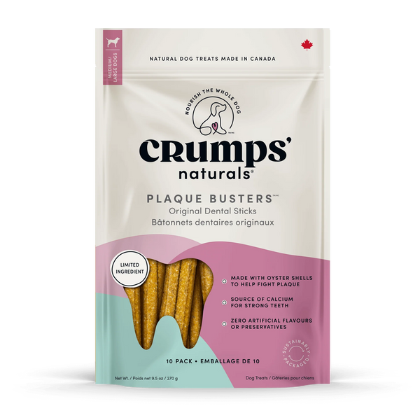 A clear image of Crumps - Plaque Busters Original Dental Sticks packaging, highlighting the natural ingredients, plaque-fighting benefits, and grain-free formula.
