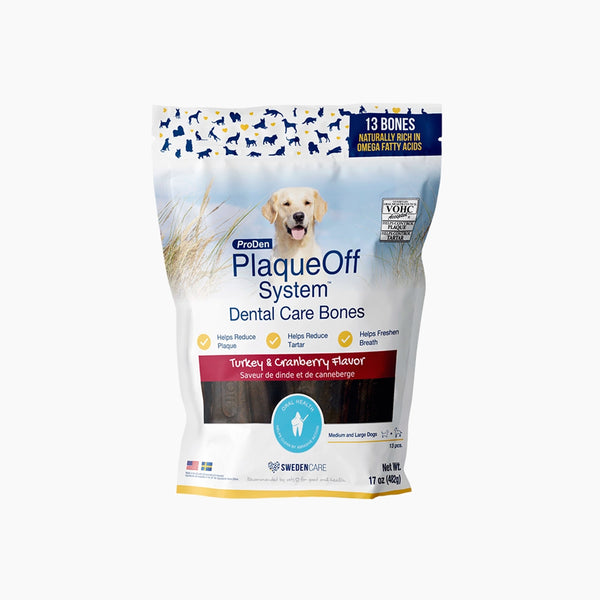 Front view of ProDen Plaque Off Dental Dog Bones with Turkey & Cranberry flavour.