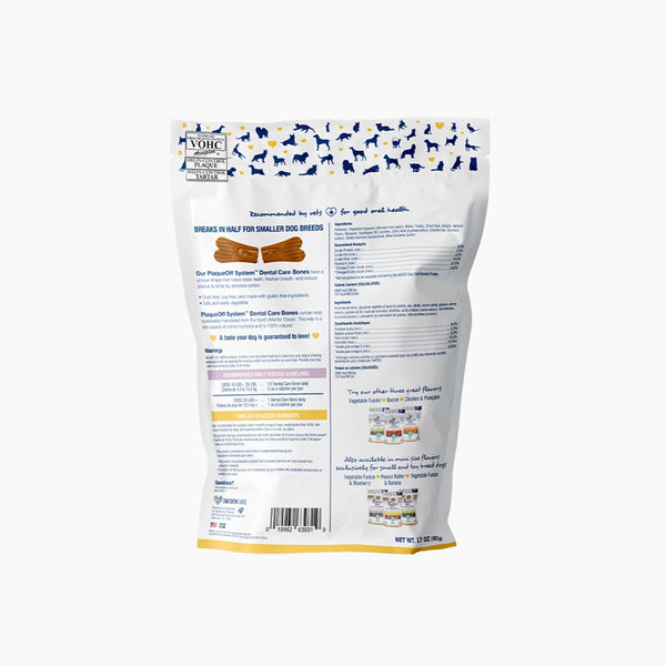 Back of ProDen Turkey & Cranberry Dental Dog Bones showing nutrition and ingredients.