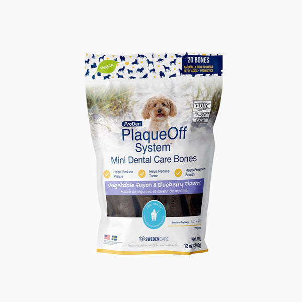 Front of ProDen Mini Dental Dog Bones bag featuring Vegetable & Blueberry flavour the perfect dog treat for small dogs.