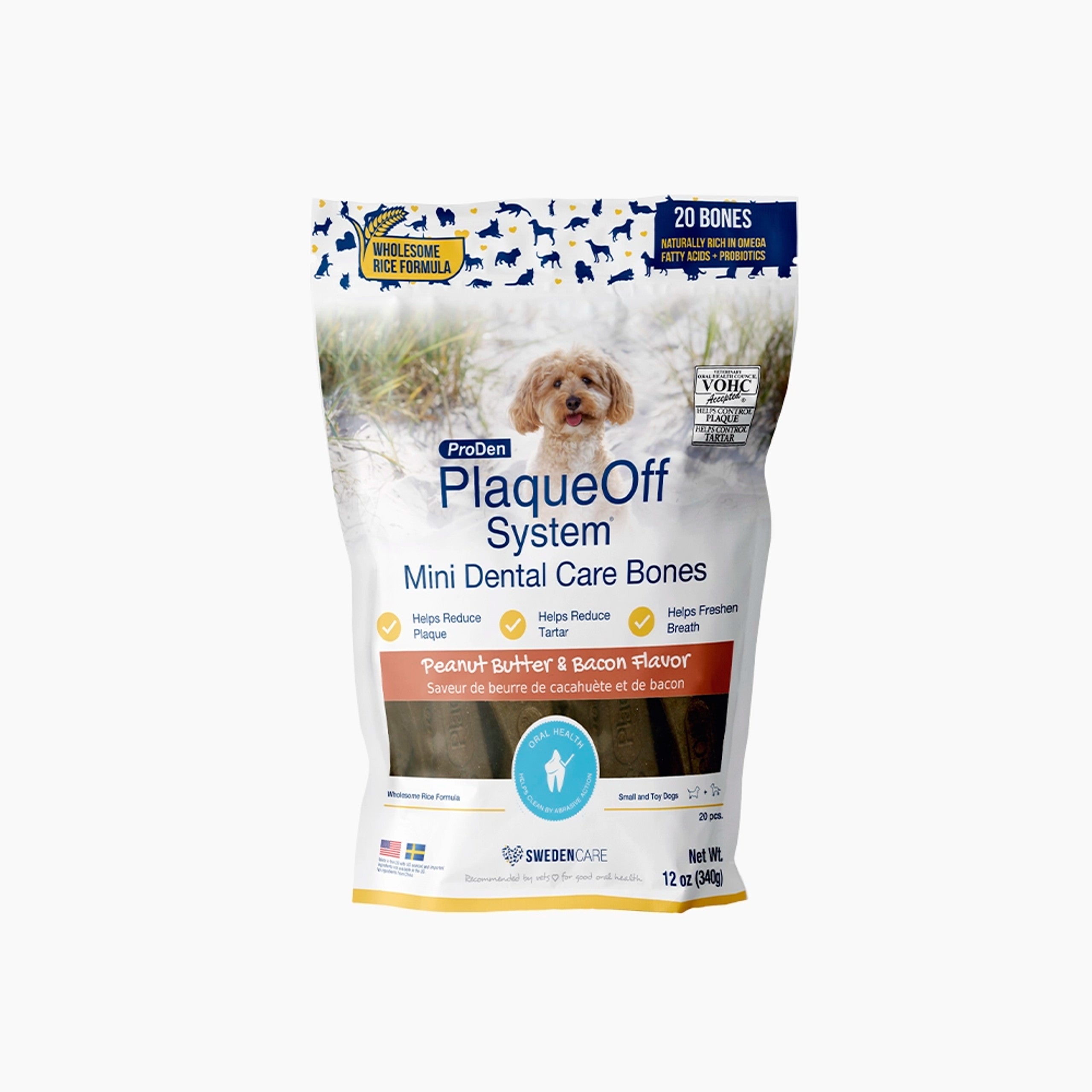 Front view of ProDen Mini Dental Dog Bones bag with Peanut Butter & Bacon flavour for small dogs.