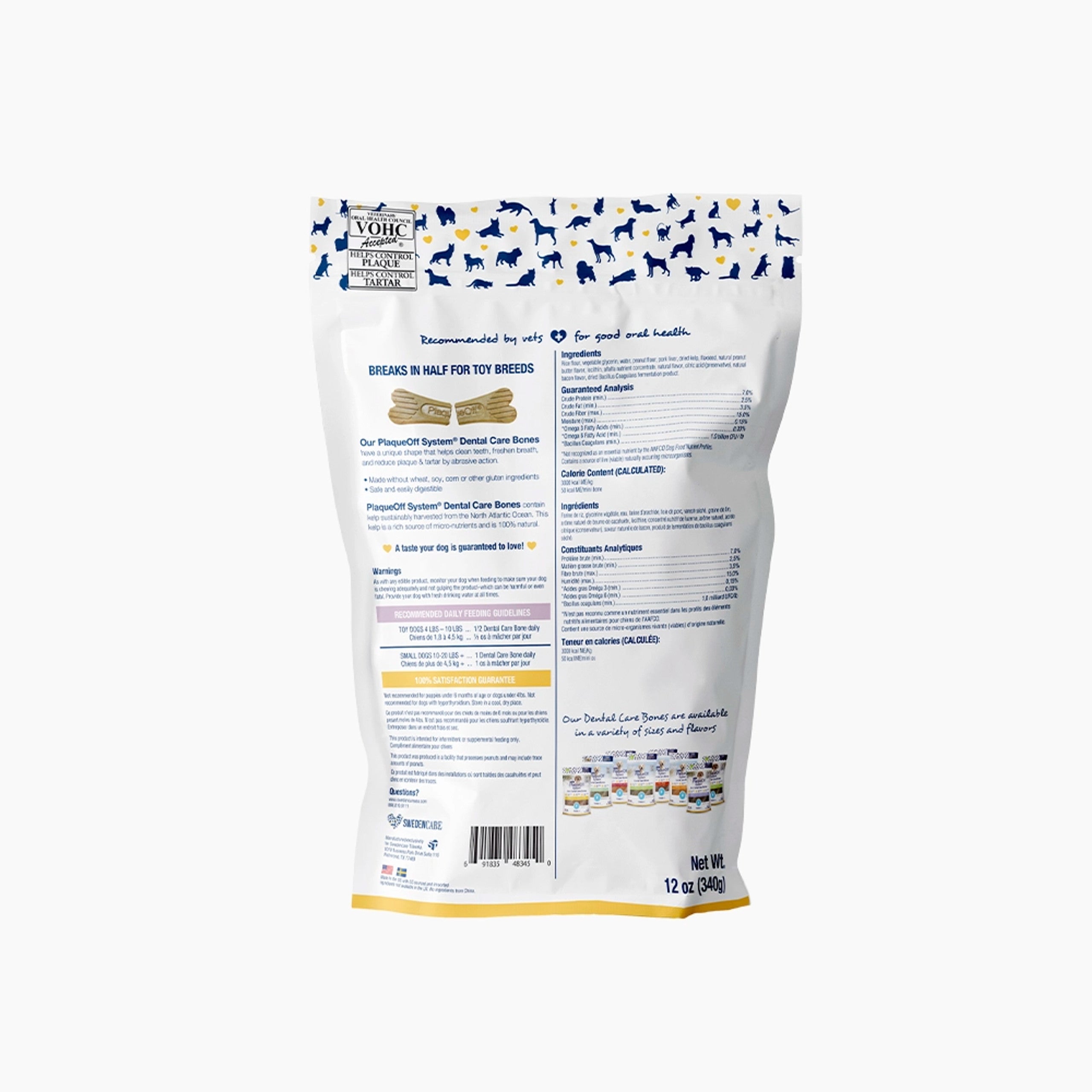 Back of ProDen Mini Dental Dog Bones showing ingredients and health benefits.