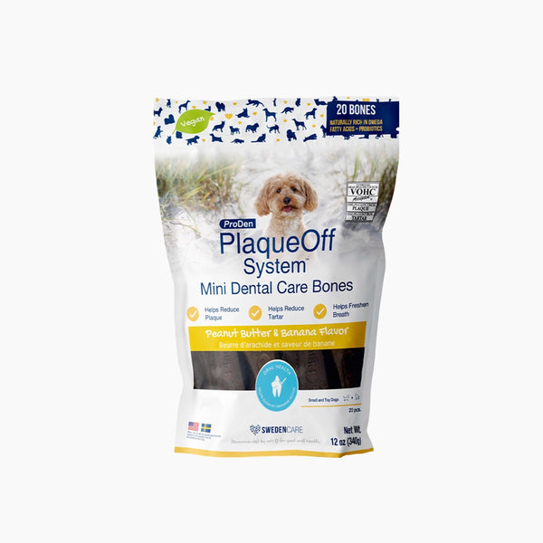 Front of ProDen Mini Dental Dog Bones bag with Peanut Butter & Banana flavour for small dogs.