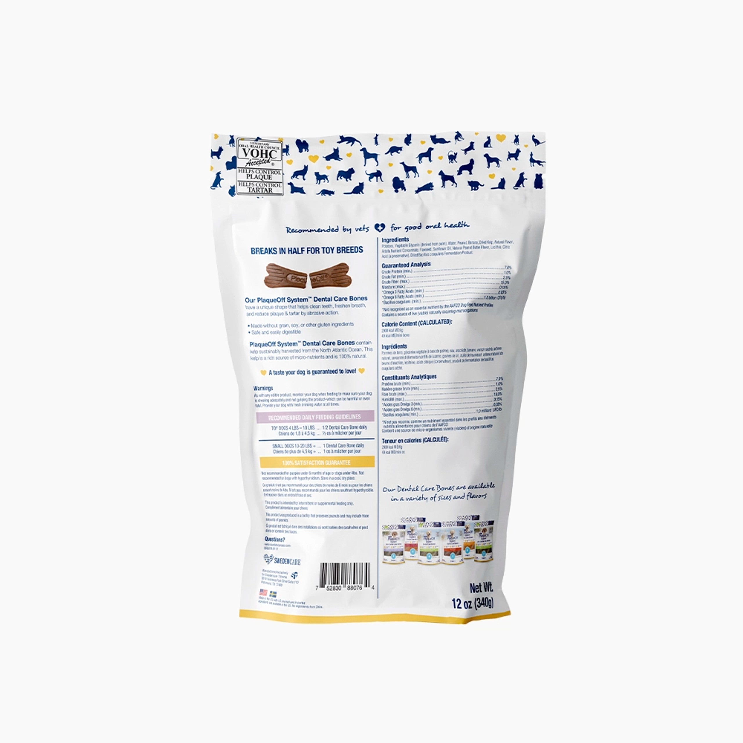 Back view of ProDen Mini Dental Dog Bones showing ingredients and health benefits.