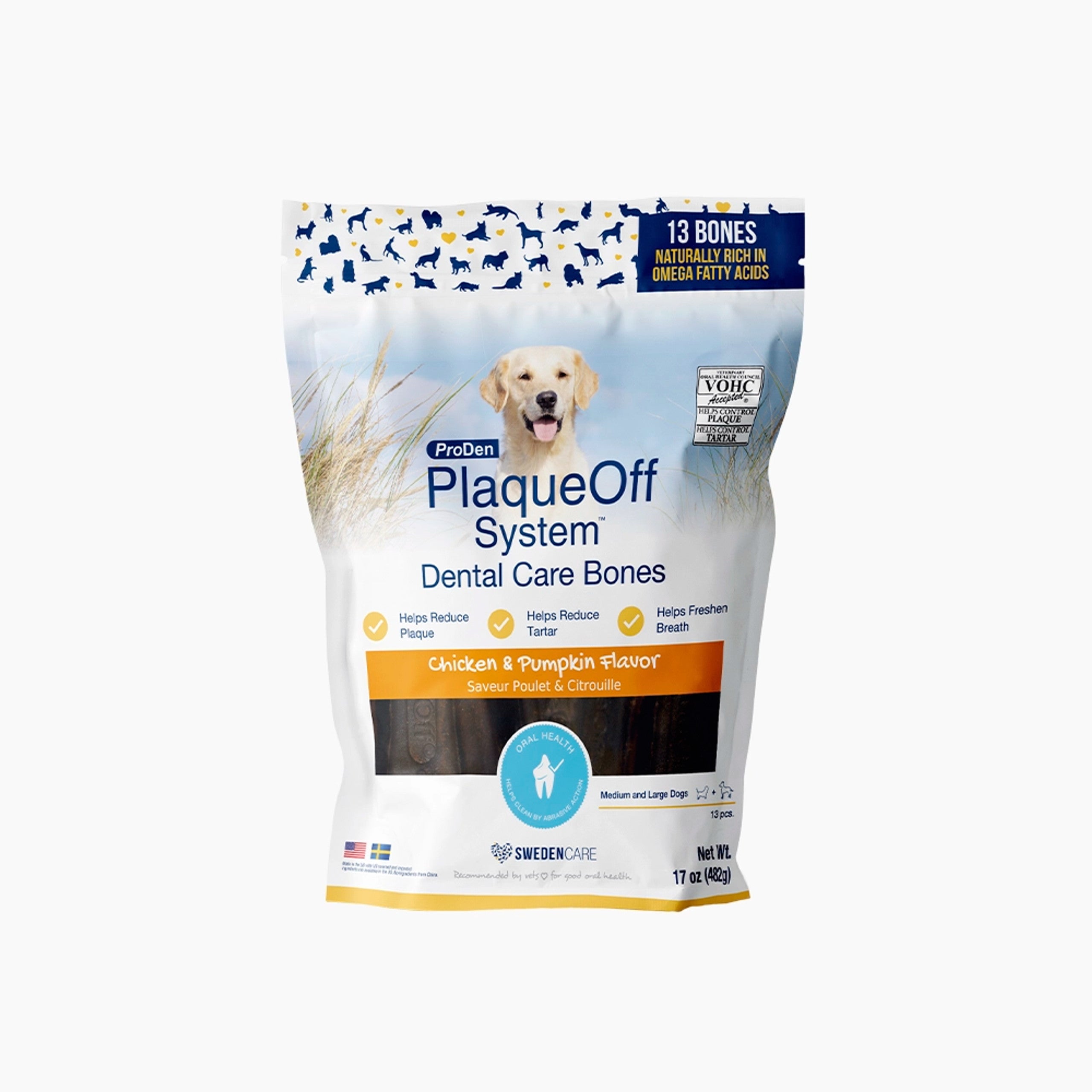 Front of ProDen Plaque Off Dental Dog Bones bag showing Chicken & Pumpkin flavour.
