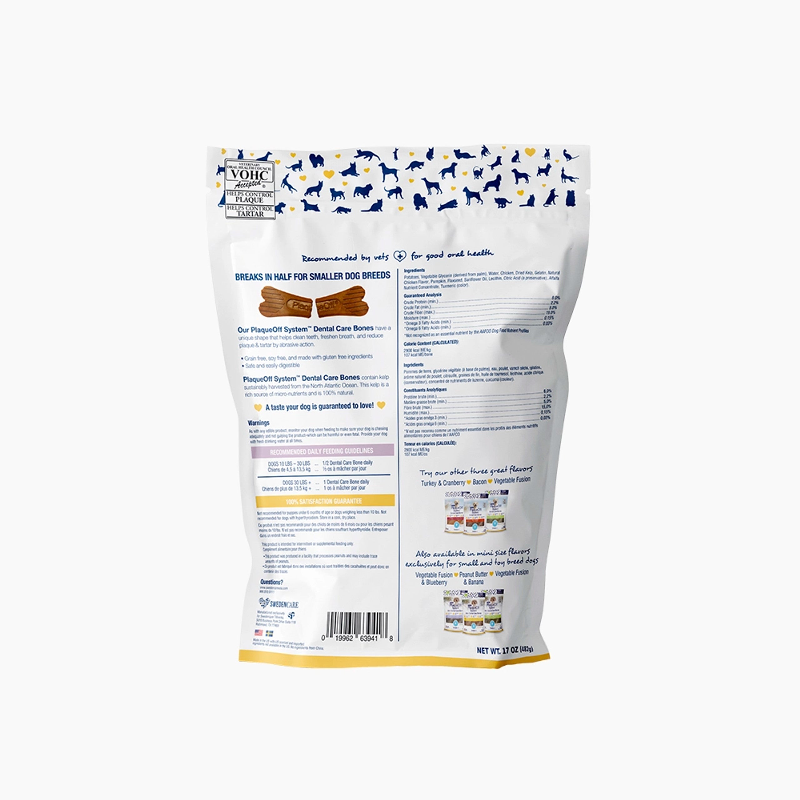 Back view of ProDen Plaque Off Dental Dog Bones bag with ingredients and nutritional info.