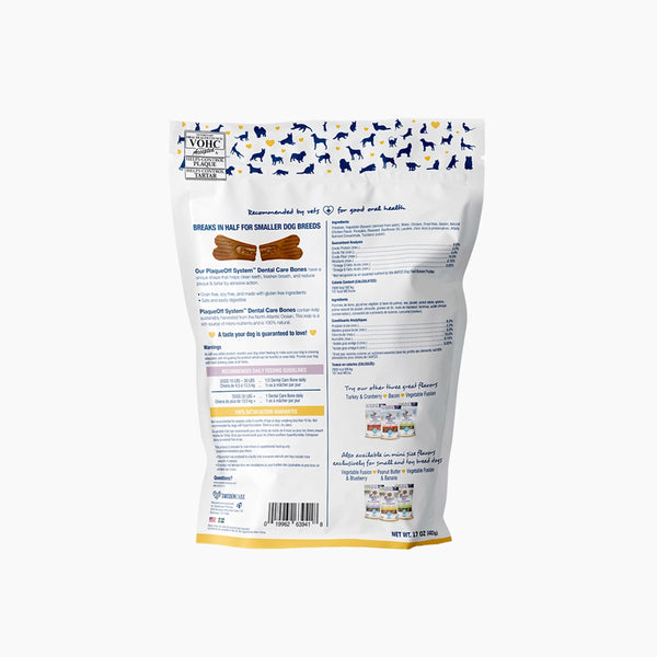 Back view of ProDen Plaque Off Dental Dog Bones bag with ingredients and nutritional info.