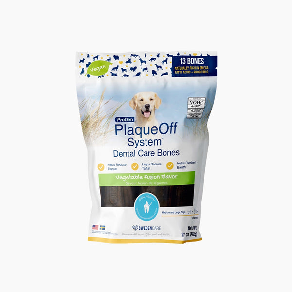 Front of ProDen Vegetable Fusion Dental Dog Bones, with natural kelp for oral health. These dog treats are vegan
