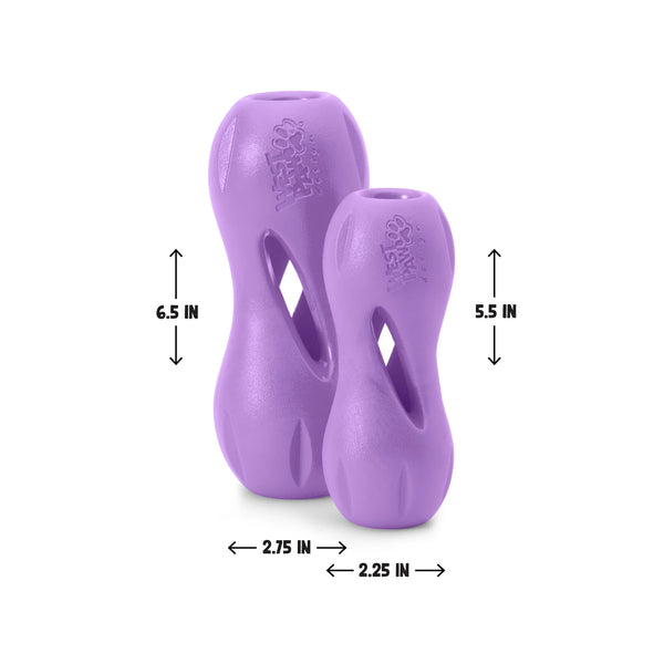 "Size chart displaying the measurements of the West Paw Qwizl dog toy in small and large sizes, highlighting the dimensions for each size option."
