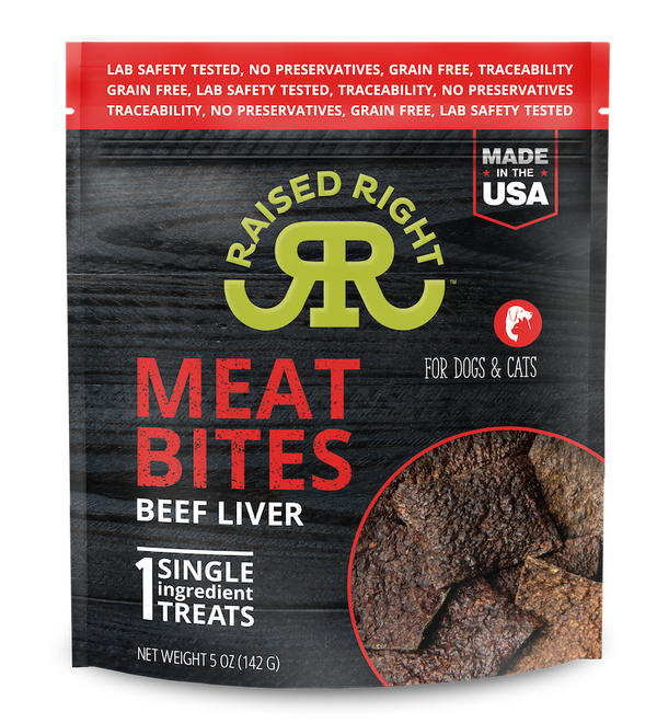 Raised Right Beef Liver Meat Bites Dog Treats, featuring high-quality, single-ingredient beef liver.