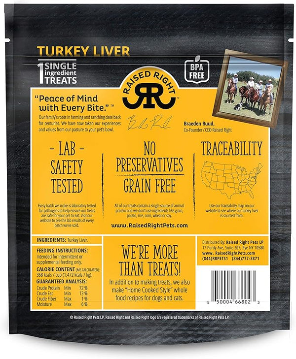 Product details and nutritional information on Raised Right Turkey Liver Meat Bites, ensuring quality and traceability.