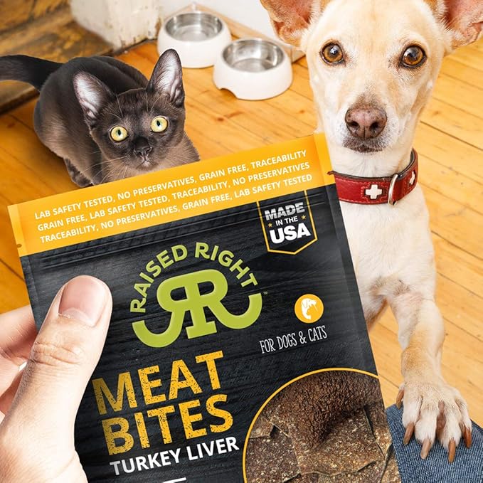Raised Right Turkey Liver Meat Bites with a dog and cat, demonstrating appeal and high-quality ingredients.