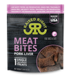 Raised Right Pork Liver Meat Bites Dog Treats, showcasing a single-ingredient, lab-tested, pork liver treat for dogs.