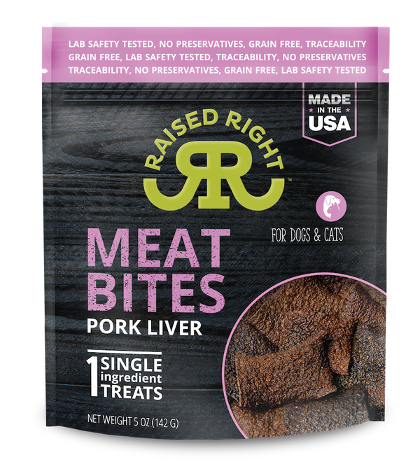 Raised Right Pork Liver Meat Bites Dog Treats, showcasing a single-ingredient, lab-tested, pork liver treat for dogs.