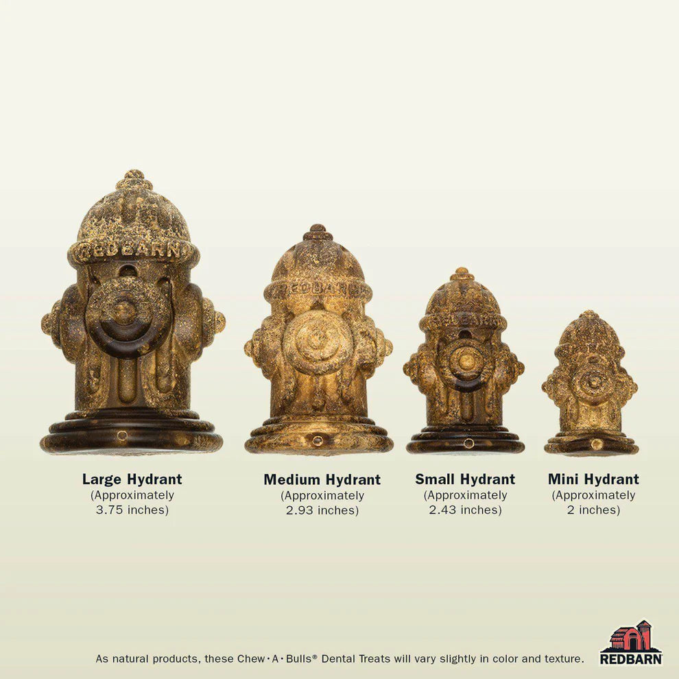 Red Barn Chew-a-Bull Hydrant chews displayed in medium and large sizes, designed to fit dogs of various breeds for effective dental care.