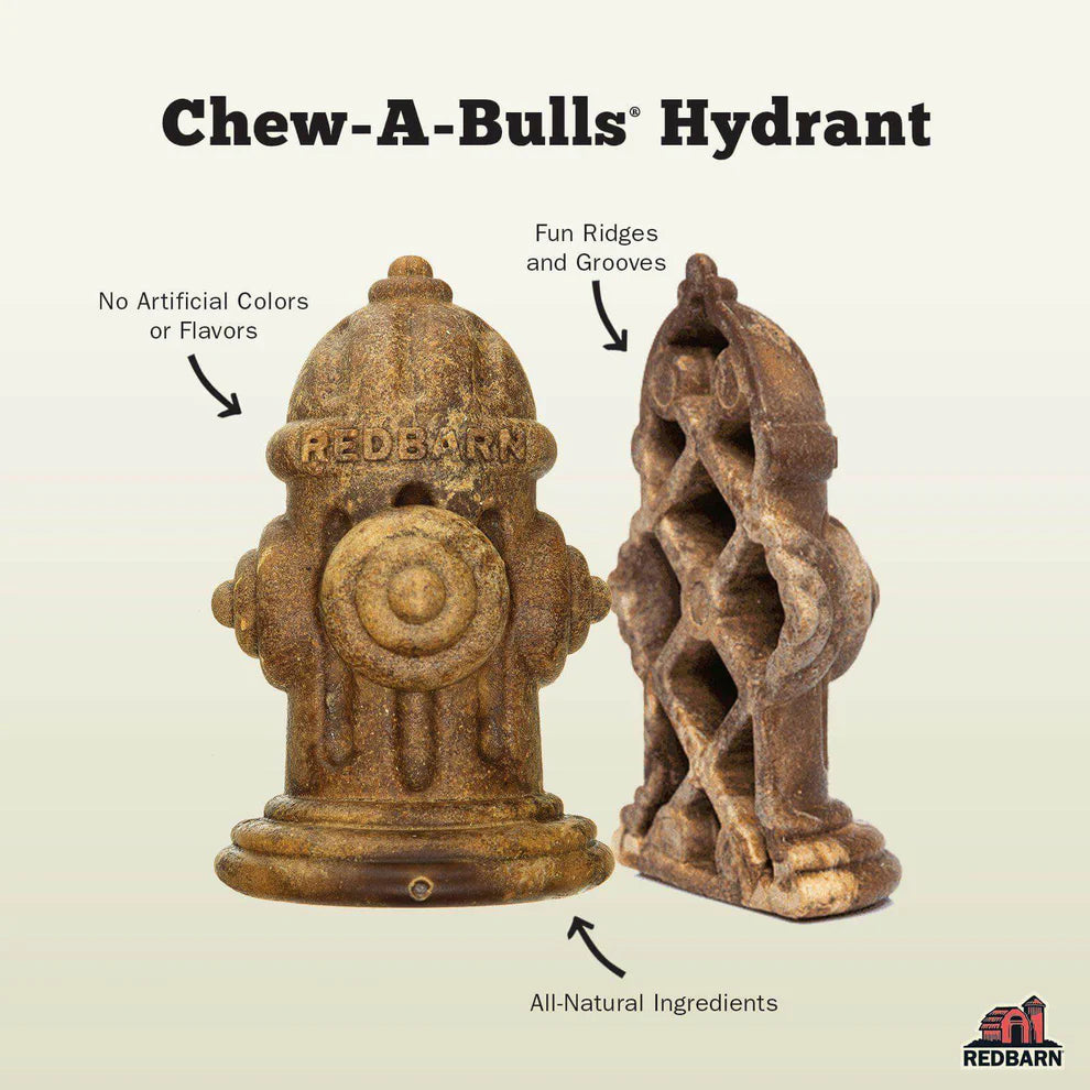 Visual highlighting the benefits of Red Barn Chew-a-Bull Hydrant chews, emphasizing natural ingredients, ridged design, and no artificial colors or flavors.