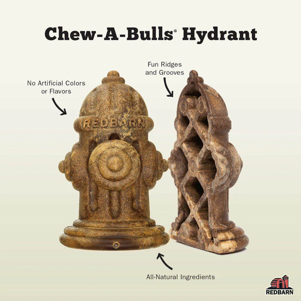 Visual highlighting the benefits of Red Barn Chew-a-Bull Hydrant chews, emphasizing natural ingredients, ridged design, and no artificial colors or flavors.