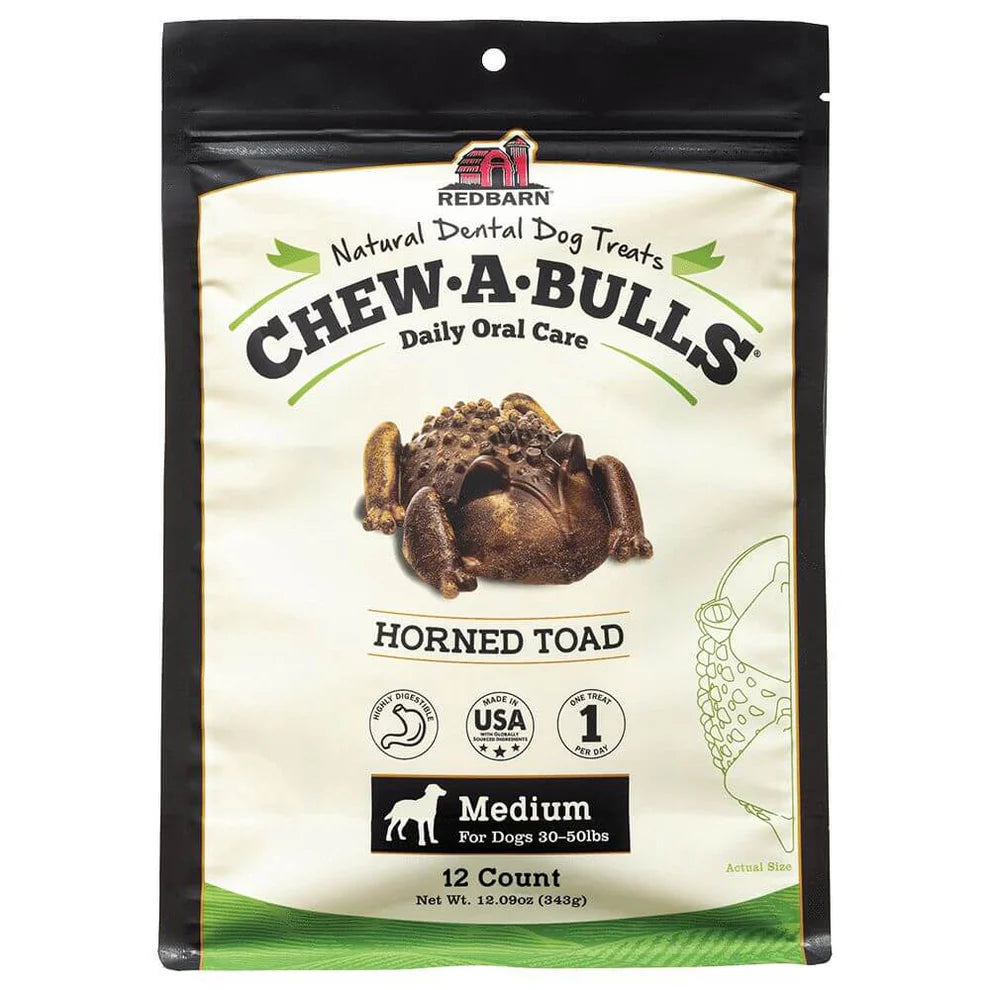 Front view of Red Barn Chew-a-Bull Toad multi-pack, featuring playful design, natural ingredients, and dental health benefits for dogs.
