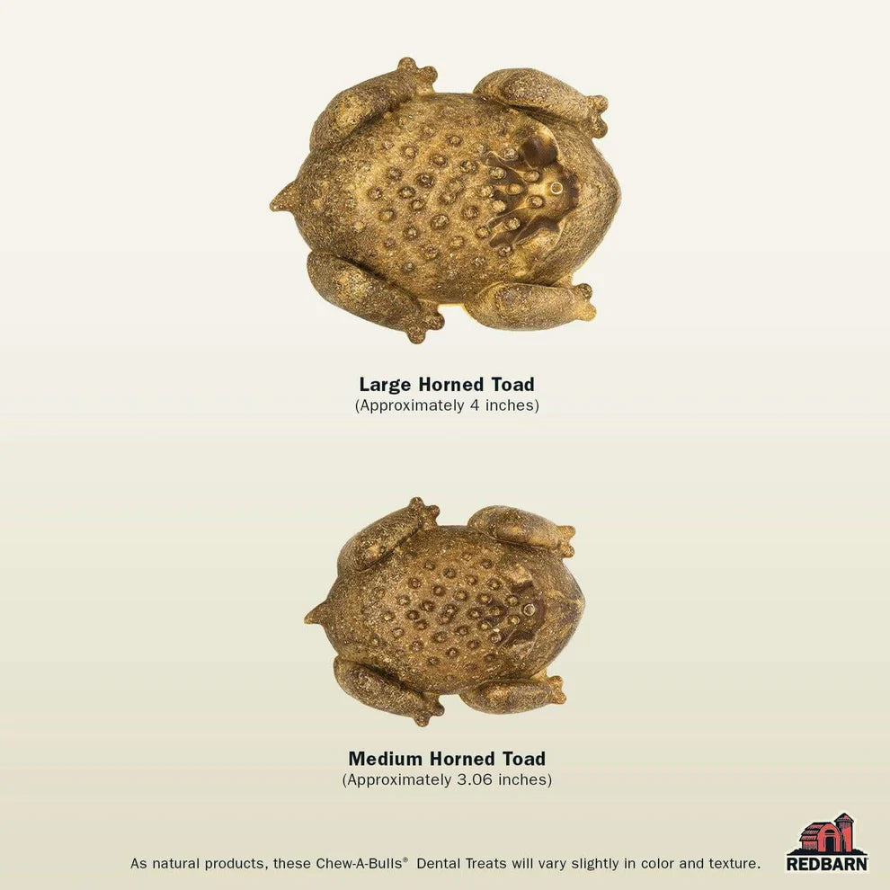 Red Barn Chew-a-Bull Toad chews in medium and large sizes, offering tailored options for dogs of various breeds and dental care needs.